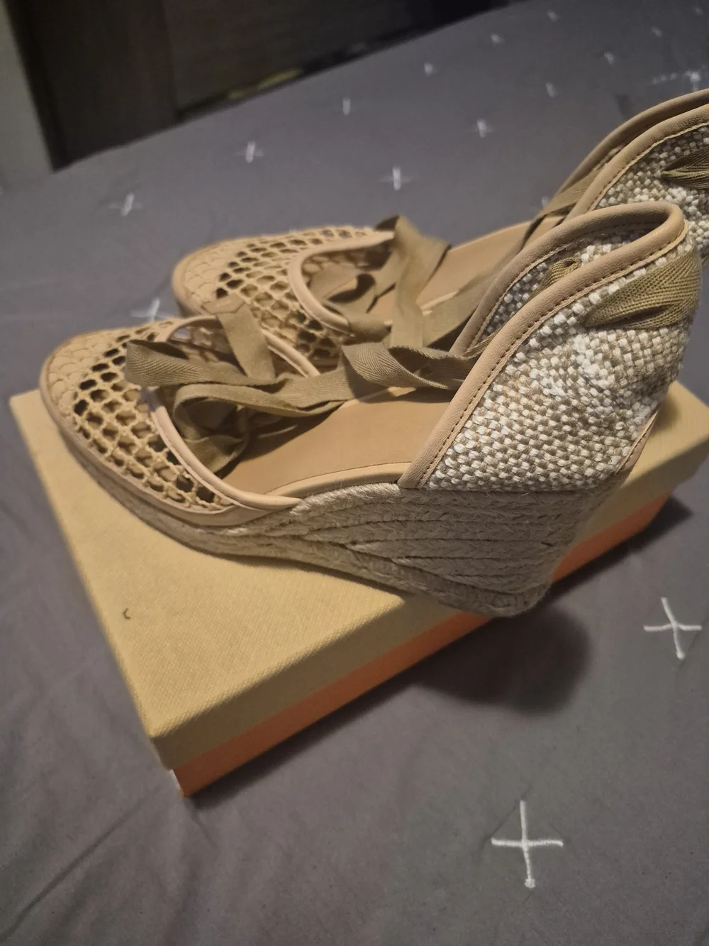 Castaner Beige Woven Espadrille Wedge Sandals with Tie-Up Straps